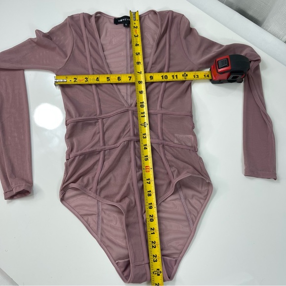 HONEYBUM bodysuit LONG SLEEVES sheer lightweight mesh like V neck mauve pink S - Picture 9 of 11
